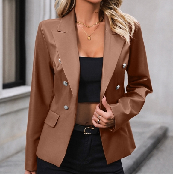 Tailored Shine Button Blazer - Brown - Picture 4 of 5